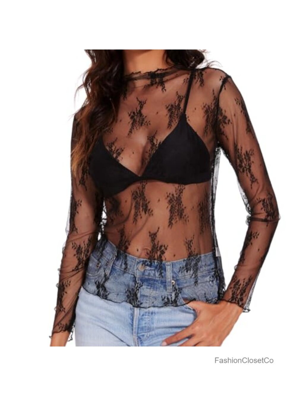 Women's Sheer Mesh Long Sleeve Mock Neck Floral Lace Layering Blouse